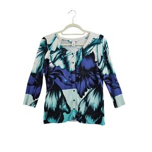 White House Black Market Cardigan Women S Blue Floral 3/4 Sleeve Button Front